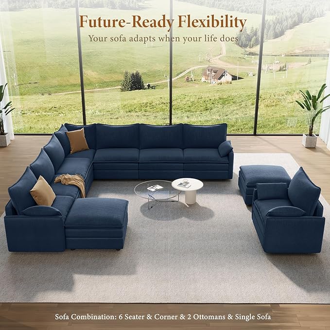 Vesgantti Large Modular Sectional Sofa, Big Comfy Cloud Couch with Ottoman Deep Seat Chenille Cloud Sofa, 9 Seater Large Sectional Couches for Living Room, Bedroom and Apartment, Blue