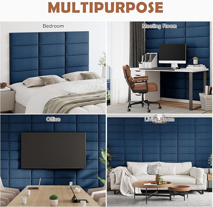 IFNOW Upholstered Wall Mounted Headboard, 3D Soundproof Wall Panels Peel and Stick for King Size, Reusable and Removable Tufted Bed Headboard in Navy Blue (12 Panels, 10" x 24")