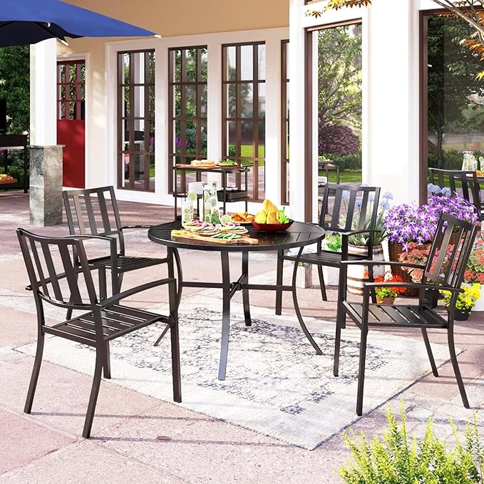 PHI VILLA 5 Piece Outdoor Dining Table Set for 4, 42” Round Steel Dining Table with Umbrella Hole & 4 Black Stacking Metal Chairs for Patio, Deck, Yard, Porch
