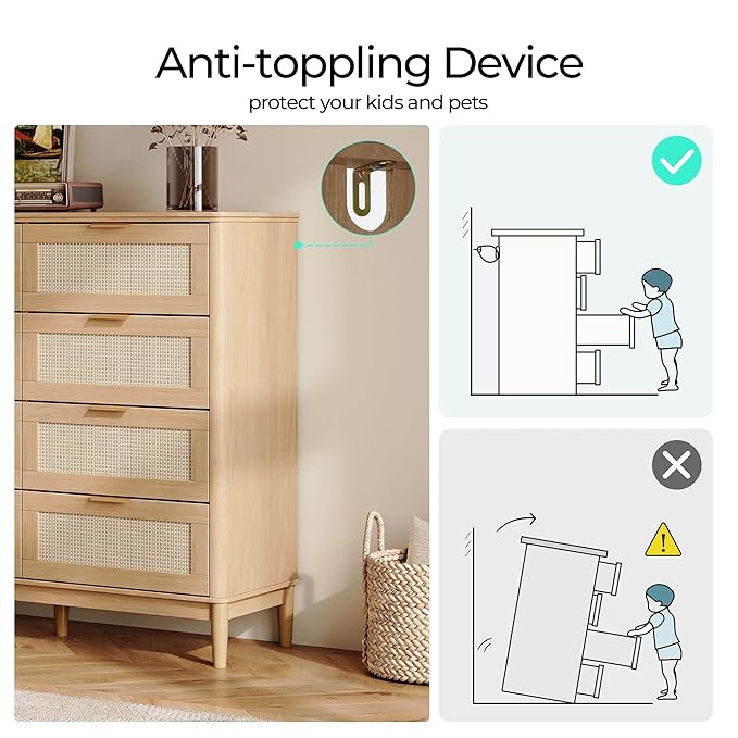 LINSY HOME Rattan Dresser for Bedroom with 8 Drawers, 54" Wide Chest of Drawers, Mid Century Modern Dresser TV Stand with Metal Handle, Wood Closet Storage Cabinet for Living Room, Hallway, Oak