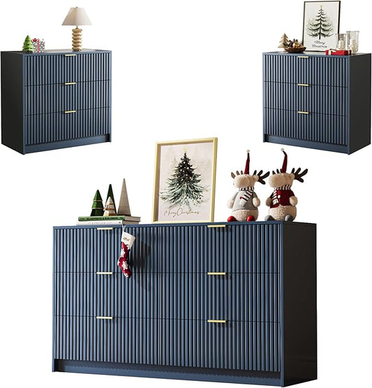 3-Piece Dresser Bedroom Set, 6 Drawer Dresser & 3 Drawer Nightstands with Gold Handles, Fluted Wood Chest of Drawers for Bedroom, Living Room, Entryway, Navy Blue