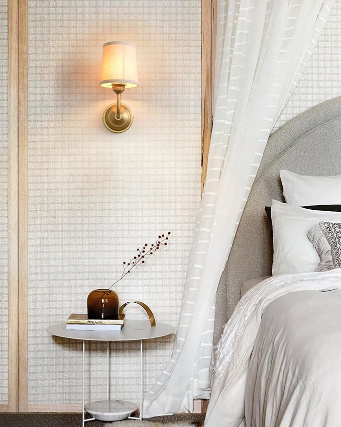 Vintage Fabric Wall Sconce with Funnel Linen Cloth Shade, E26 Hardwired Indoor 1-Light Wall Mounted Lamp Fixture for Living Room Bedroom Dining Room Hallway