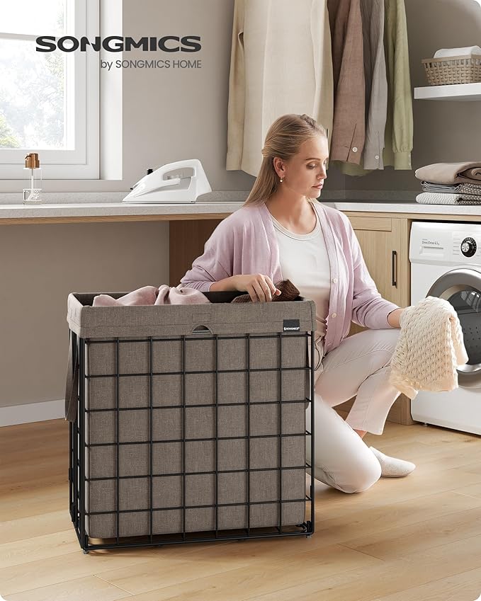 SONGMICS Laundry Hamper, 29 Gal. (110L) Laundry Basket, Collapsible Clothes Hamper, Removable and Washable Liner, Metal Wire Frame, for Bedroom Bathroom, Black and Camel Brown ULCB111N01