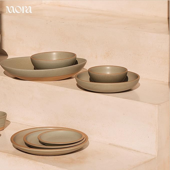 MORA Medium Dishes Set of 4, 30oz Ceramic Pottery Pasta Plate/Wide Bowls - Microwave, Oven and Dishwasher Safe - Peppercorn