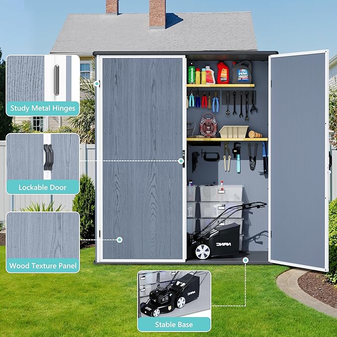 Greesum 5×3FT Plastic Outdoor Storage Shed with Floor, Resin Storaged Sheds with Lockable Door, Window & Vent, All-Weather Tool Sheds for Garden, Backyard, Patio, Dark Gray (4.7×2.5FT)