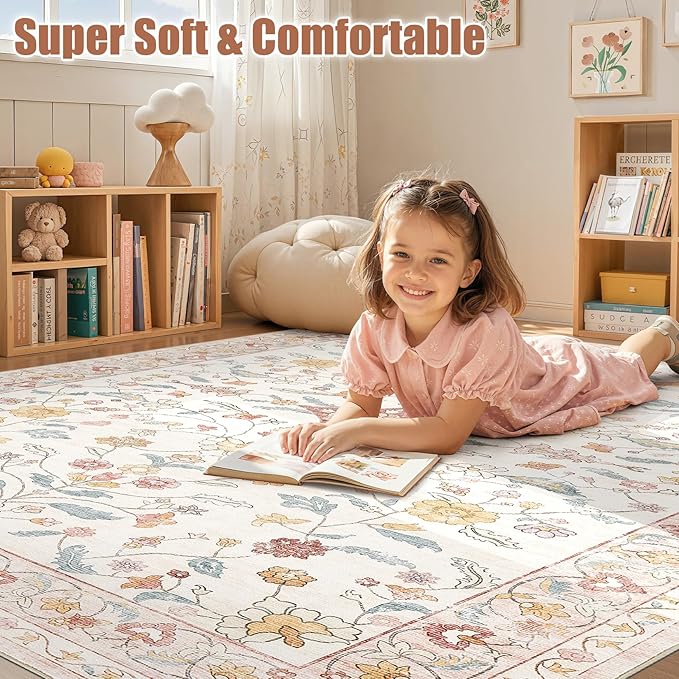 Nursery Rug 10x14 for Kids & Girls - Washable Vintage Large Floral Pink Area Rugs - Ultra Thin Stain Resistant Non Slip Carpets for Kids Playroom, Living Room, Bedroom, Dining Room, Office - Pink