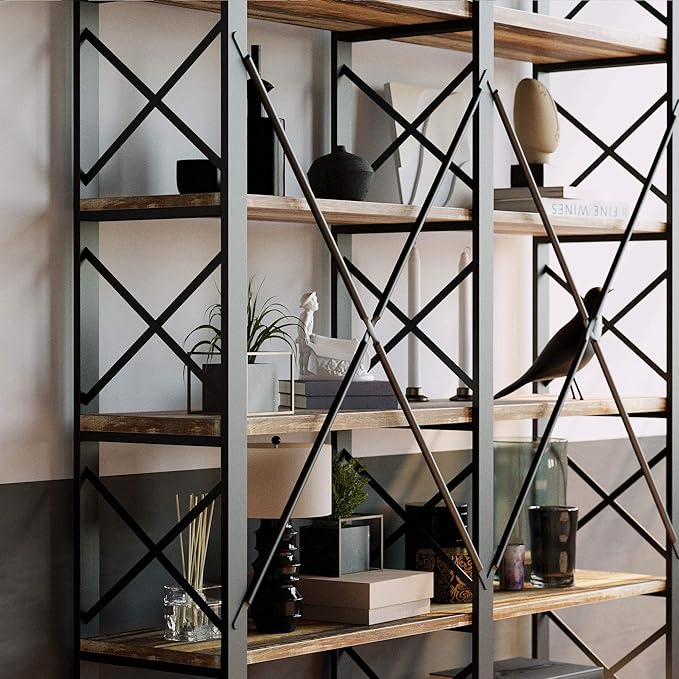 IRONCK Bookshelves Double Wide 6-Tier 76" H, Open Large Bookcase, Industrial Style Shelves for Home Office, Easy Assembly
