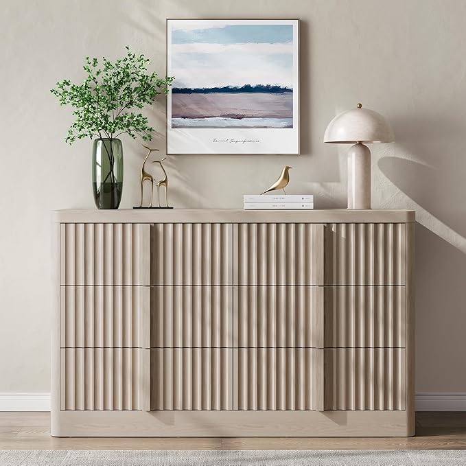 Fluted Dresser for Bedroom, 47" Wide 6 Drawer Dresser, Modern Chest of Drawers with Solid Wood Handle, Curved Profile Design, Wood Dressers Storage Organizer, Living Room, Hallway, Natural Oak