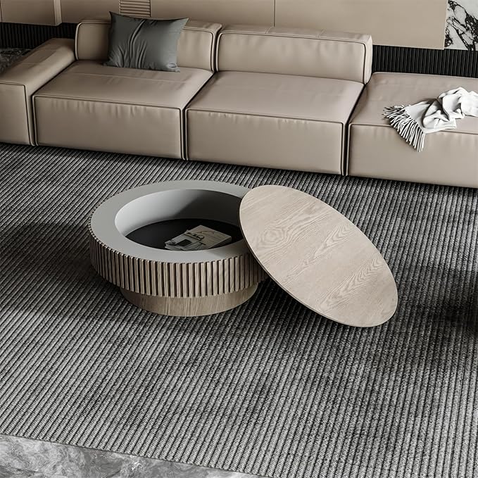 Round Coffee Table for Living Room, Accent Fluted Drum Coffee Table with Storage, Modern Solid Wood Veneered Circle Center Tea Table for Small Space Apartment (31.5''D×14''H-Grey)