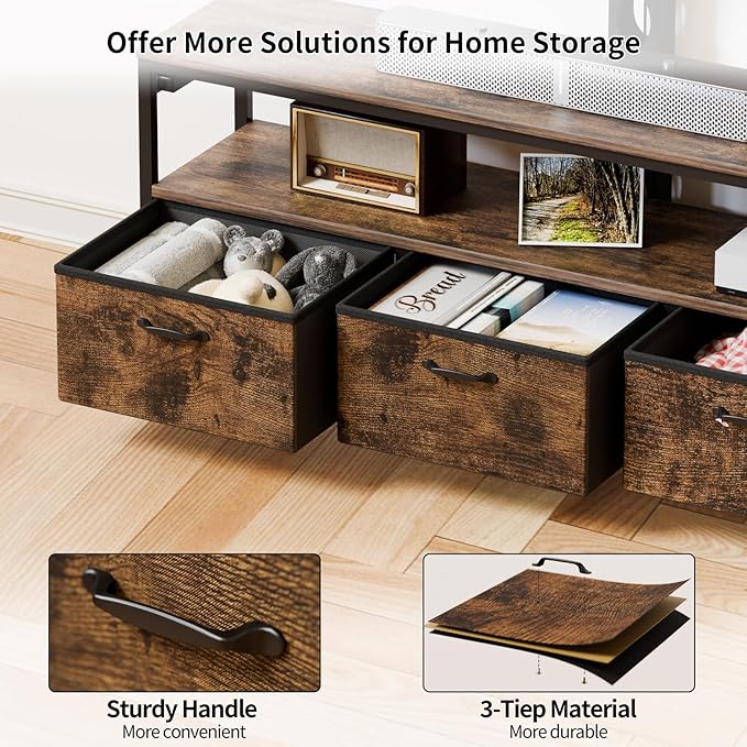 JUSTOGO TV Stand with Mount and Power Outlet, TV Stand with Drawers Storage for Living Room Bedroom, LED Entertainment Center for 45/55/60/65 inch, Height Adjustable Media Console, Rustic