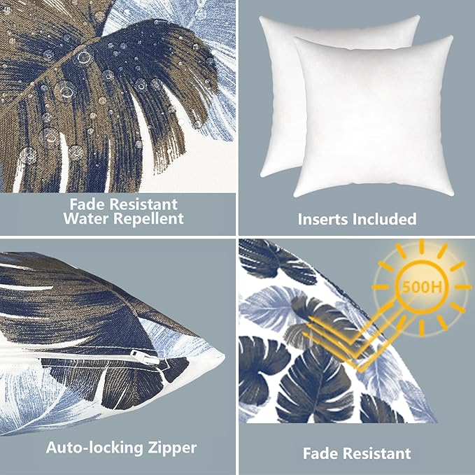 LVTXIII Outdoor Throw Pillows, Decorative Throw Pillows with Inserts, 16"x16" Square Pillows for Bed, Couch, Sofa and Patio Furniture, Set of 2, Monstera Blue
