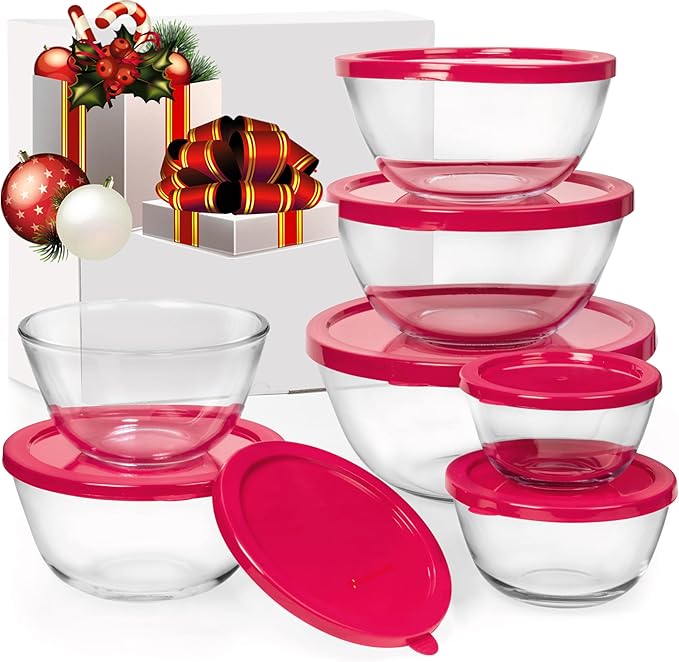 7 Stackable Space-Saving Nesting Glass Bowls with Pink Lids for Foodprep, Storage, Baking, Mixing & Cooking, Microwave Safe - Durable Inert Borosilicate Glass