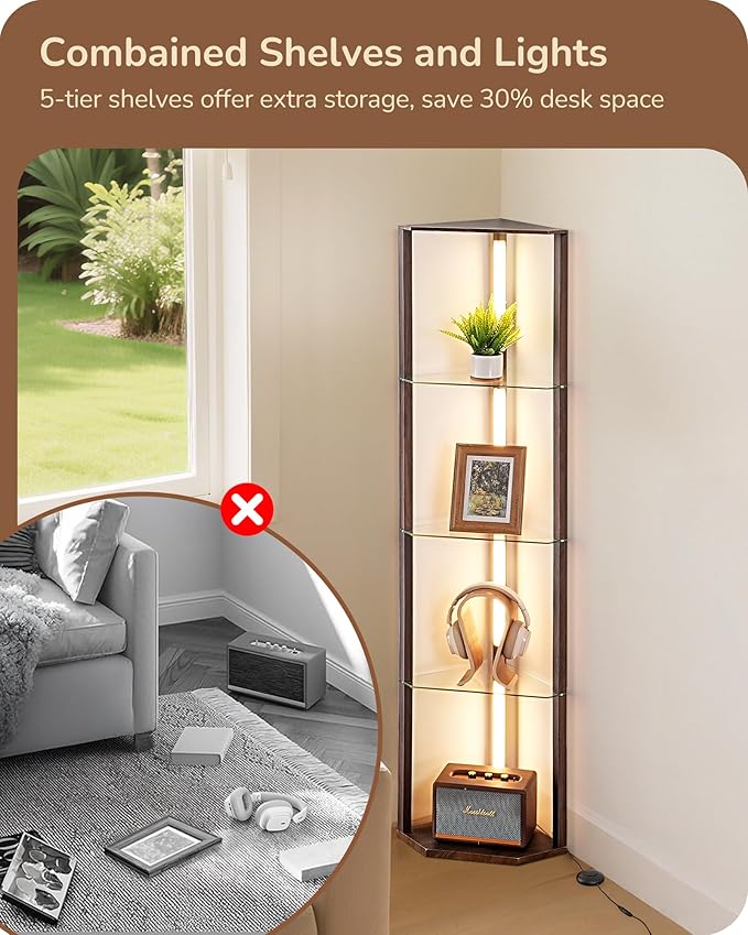 EDISHINE Floor Lamp with Shelves, 5-Tier Glass Display Shelf with Remote/Foot Control, 5CCT & Dimmable Corner Shelf Lamp, Open Display Cabinet, Floor Lamps for Living Room, Bedroom, Walnut Color