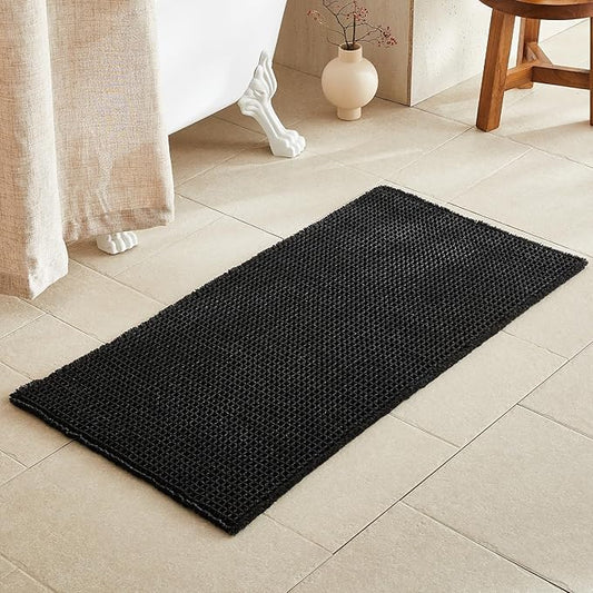 Black Bathroom Rug, Waffle Bath Mat Non Slip Washable Super Absorbent Quick Dry Boho Farmhouse Bathroom Decor, 48"x24" Black