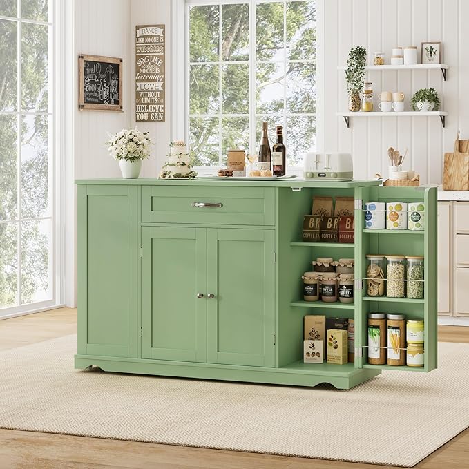 HOSTACK Kitchen Island Cart with Storage, 47'' Kitchen Storage Island on Wheels with 2 Drawer, Rolling Island Table with Adjustable Shelve, Mobile Buffet Sideboard Cabinet for Dining Room, Light Green