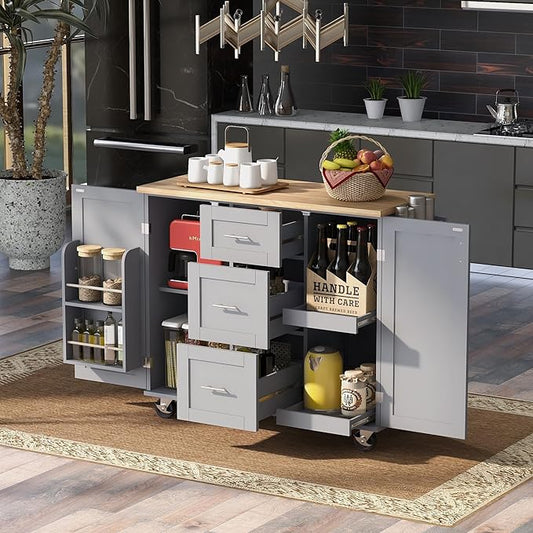 Rolling Mobile Kitchen Island Cart with Door Internal Storage Rack & Tower Rack, 3 Drawers and 2 Slide-Out Shelves for Dining Room