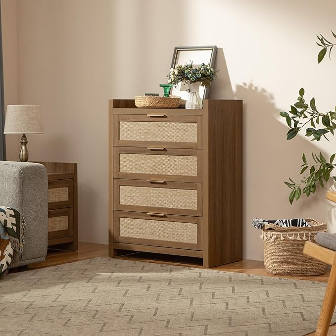 SICOTAS Dresser for Bedroom Chest of Drawers 38" Tall Dresser for Closet with 4 Rattan Drawers Boho Nightstands Set of 2 Large Clothes Storage Cabinet TV Stand for Living Room Hallway Nursery Entryway