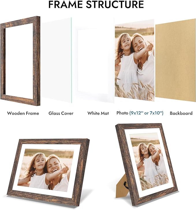 9x12 Picture Frame with Glass, Display Pictures 7x10 with Mat or 9 x 12 without Mat - Wall and Tabletop, 9 by 12 Photo Wooden Frames (Rustic Brown, 1 Pack)