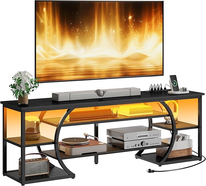 YITAHOME TV Stand for up to 70-inch TVs, Modern Black TV Stands for Living Room w/Power Outlets,LED Entertainment Center with Storage, TV Media Console Cabinet, Black