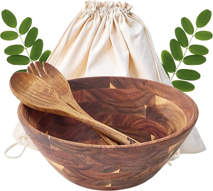Wooden Salad Bowls with Serving Utensils, Large 12.5" Acacia Wooden Bowls for Food, Perfect as Fruit Bowl, Serving Bowls, Mixing Bowls, Handmade, Durable and Stylish Natural Wood Dinning Accessory
