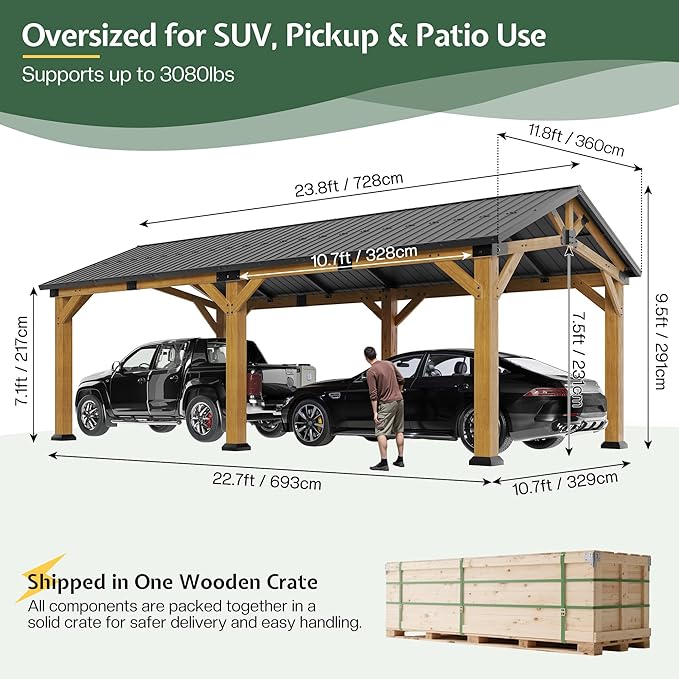Jocisland 12x24x9.5 FT Cedar Wood Hardtop Carport with Steel Roof, Waterproof Outdoor Gazebo Pavilion, Heavy-Duty Snow & Wind Resistant Canopy for Patio, Driveway, Garden