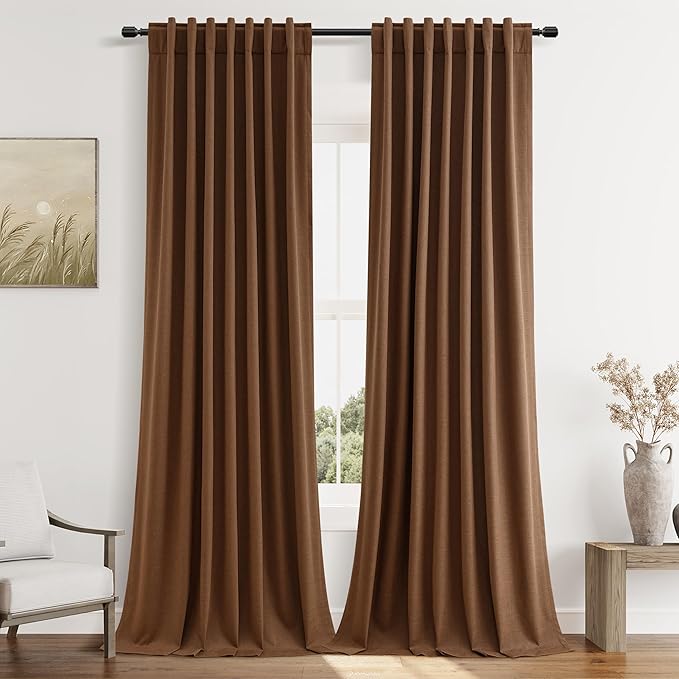 Guken 100% Blackout Linen Curtains 120 Inch Length 2 Panels Set for Living Room Bedroom Back Tab Thermal Insulated Black Out Linen Drapes Room Darkening Window Curtains,Caramel Brown