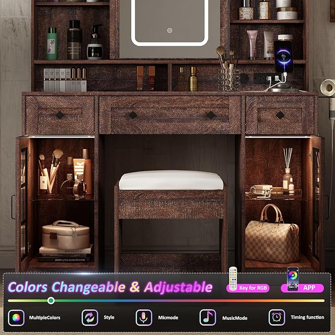 Fameill 45.5'' Farmhouse Makeup Vanity Desk with Sliding Mirror, Vanity Table with 3 Drawers and 2 Cabinets, Charging Station & LED Lights, Storage Shelves, Stool Included, Dressing Table for Bedroom