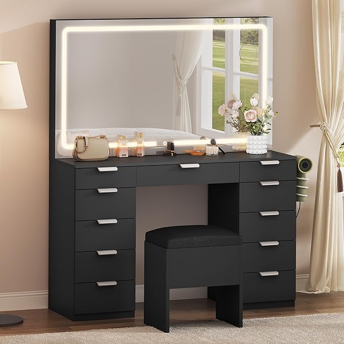 YITAHOME 46'' Vanity Desk with Large LED Lighted Mirror & Charging Ports, 11-Drawer Makeup Table Set with Storage Stool for Dressing Room, 3 Lighting Modes Brightness Adjustable, Black Finish