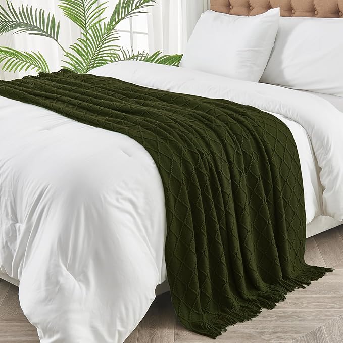 inhand Knitted Throw Blankets for Couch and Bed, Soft Cozy Knit Blanket with Tassel, Dark Green Lightweight Decorative Blankets and Throws, Farmhouse Warm Woven Blanket for Men and Women, 60"x80"