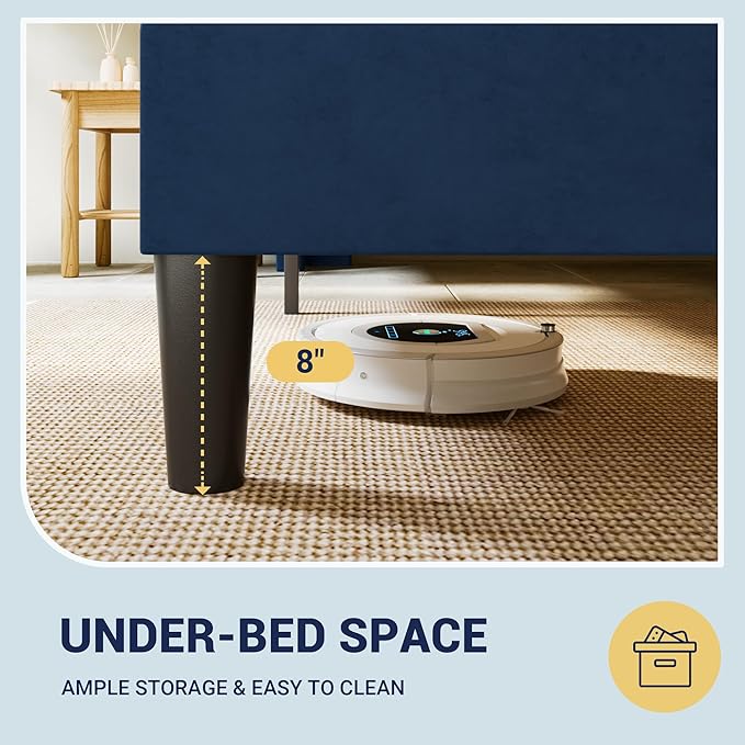 Allewie Queen Size Velvet Platform Bed Frame with Vertical Tufted Wingback Headboard, Easy Assembly, Under Bed Storage, No Box Spring Required, Modern Style, Blue