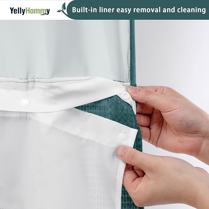 YellyHommy No Hook Shower Curtain with Snap in Liner Set Less Time Waffle Shower Curtain for Bathroom 75" L x 72" W Seaweed Green