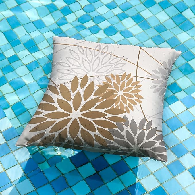 Brown Grey Outdoor Pillow Cover 18X18 Inch Set of 2 Outdoor Waterproof Summer Floral Brown Decorative Pillow case Decor for Couch Patio Funiture Garden Print Polyester Cushion Cover 01E18