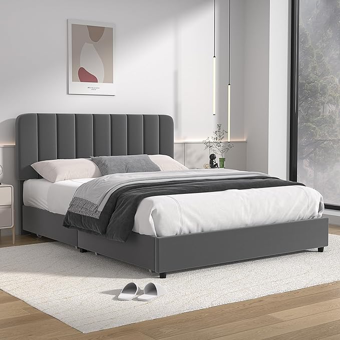 VECELO Queen Size Upholstered Bed Frame with 4 Drawers and Headboard, Velvet Platform Storage Bedframe, Wooden Slats Support, No Box Spring Needed,Dark Grey