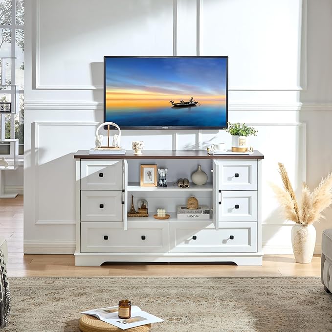 SOOWERY Dresser for Bedroom, Farmhouse Dresser with 6 Wooden Drawers and Storage Cabinet, 55 Inches Wide Chest of Drawers for Bedroom, Living Room, Hallway, White