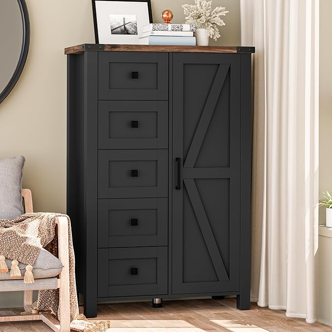 Farmhouse Tall Dresser Chest of Drawer for Bedroom, 5 Drawer Storage Cabinet with Barn Door, 48 Inch Tall Wood Dresser, Adjustable Shelves, Rustic, for Living Room, Entryway, Hallway