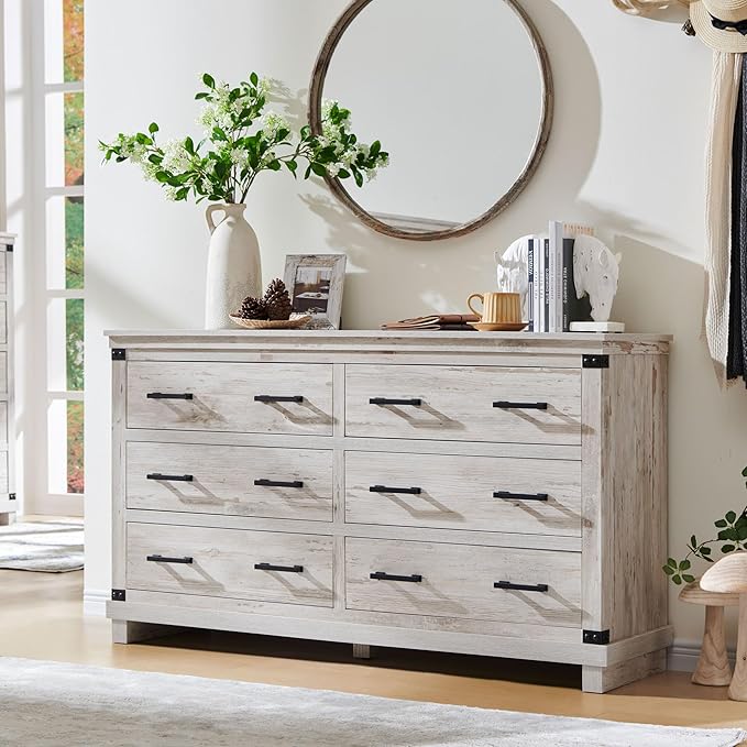 T4TREAM Farmhouse 6 Drawers Dresser for Bedroom, 54" Wide Wood Chest of Drawers w/Natural Texture & Metal Handle, Rustic Storage Dressers Organizer for Living Room, Hallway, Antique Brush White