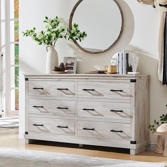 T4TREAM Farmhouse 6 Drawers Dresser for Bedroom, 54" Wide Wood Chest of Drawers w/Natural Texture & Metal Handle, Rustic Storage Dressers Organizer for Living Room, Hallway, Antique Brush White