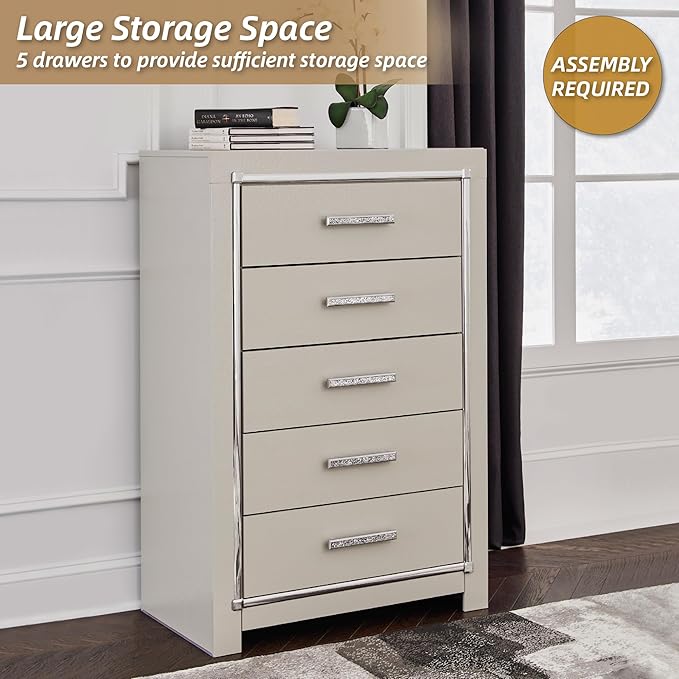 Signature Design by Ashley Zyniden Glam 5 Drawer Wide Chest with Safety Stop for Bedroom, Chrome