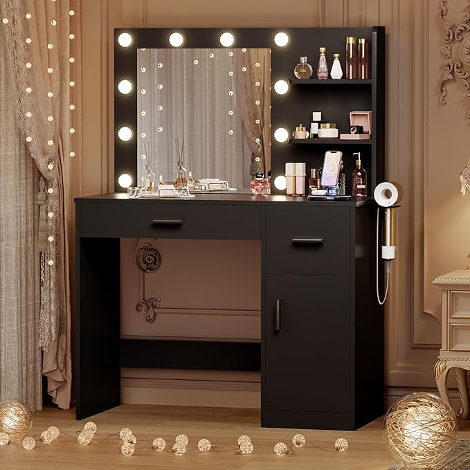 JUMMICO 35.4" Vanity Desk with LED Mirror & Power Outlet, Makeup Vanity Table with 3 Open Storage Shelves, Drawers and Cabinet, 3 Model Adjustable Lights for Bedroom & Dressing Room (Black)