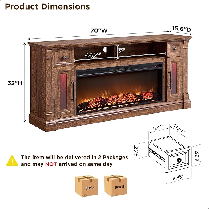 OKD Farmhouse Fireplace TV Stand for 80 Inch TV, Entertainment Center with 42" Fireplace & LED Lights, Modern Media Console Table with Storage Drawers & Cabinets, Reclaimed Barnwood Color
