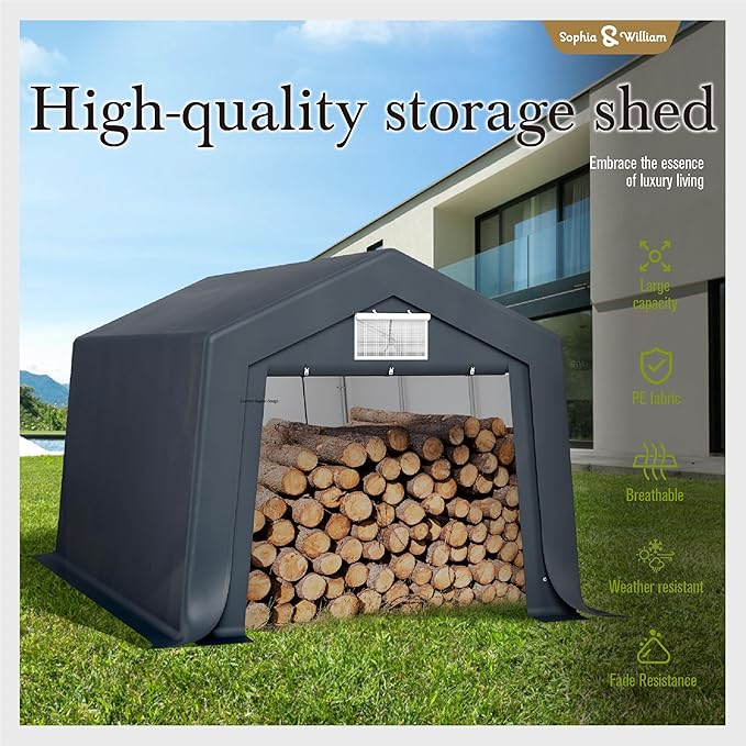 Sophia & William Carport Storage Shed 10x15 ft Portable, Heavy Duty Car Port Canopy Garage Shelter with Sidewalls and Roll Up Doors for Automobile Boat Motorcycle Bike, Gray