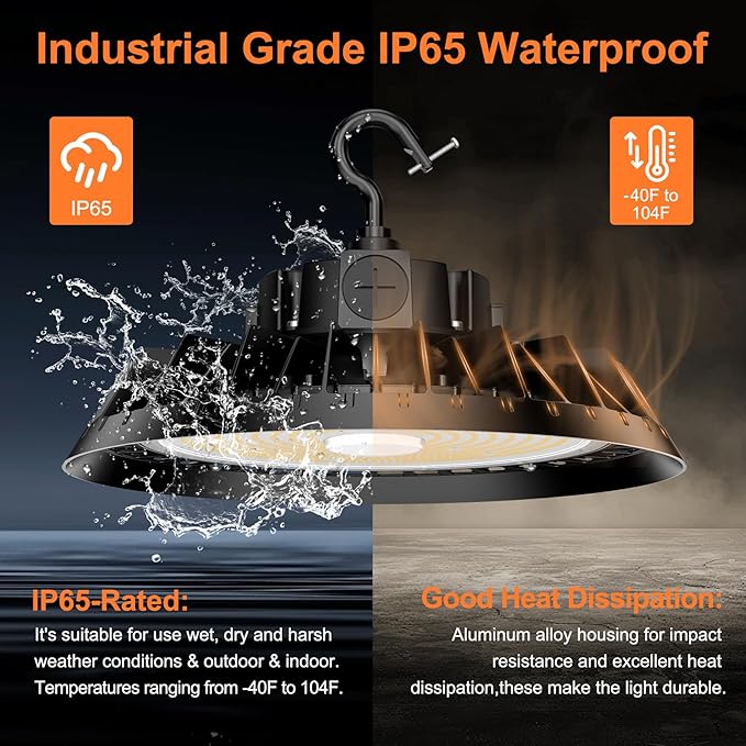 6Pack LED High Bay Lights, 240W UFO High Bay LED Shop Lights, 36000LM Adjustable CCT(5700K 5000K 4500K) & Power(240W 200W 150W), 0-10V Dimmable, 5' Cable Plug, IP65 Waterproof, ETL & DLC Listed