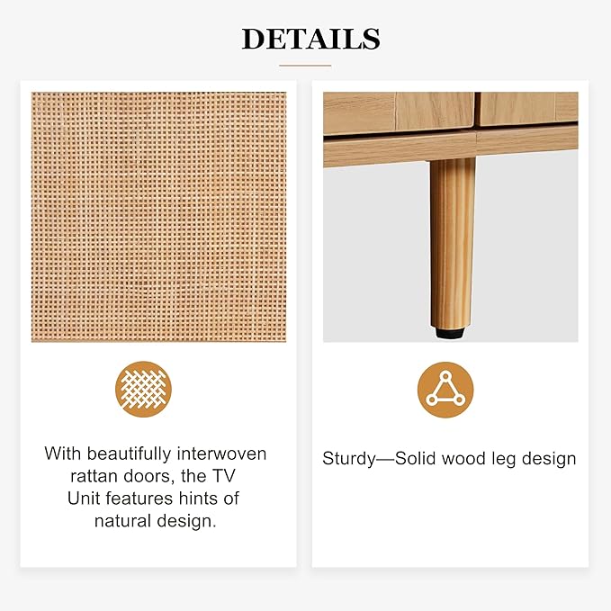 Rattan TV Stand for TVs up to 85'', Boho Entertainment Center with 2 Doors & 2 Drawers, Solid Wood Feet, Vintage Console Table for Living Room