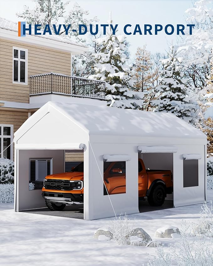 10 x 20 FT Carport Clearance, Heavy Duty Carport Canopy with Roll Up and Down Mesh Window, Outdoor Portable Garage with Removable Sidewalls, All Season Tarp for Car, Boat, Truck, Motorcycle (White)