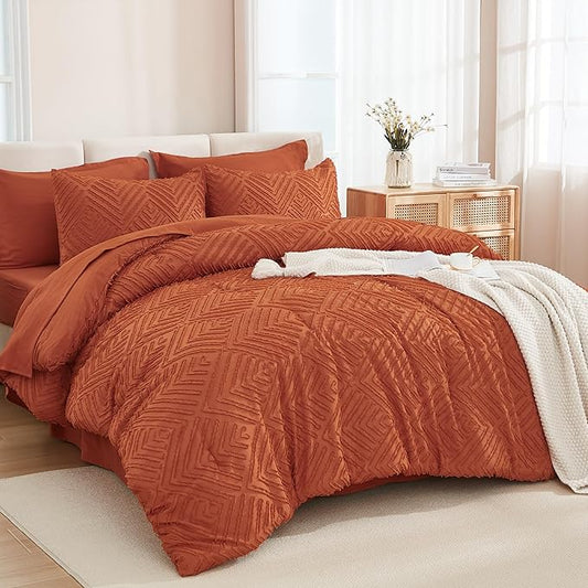 Andency Super King Comforter Set Burnt Orange - 7 Piece Oversized King Bed in a Bag Boho Terracotta Tufted Bedding Sets, Rust Bed Set with Comforter, Sheets, Pillowcases & Shams