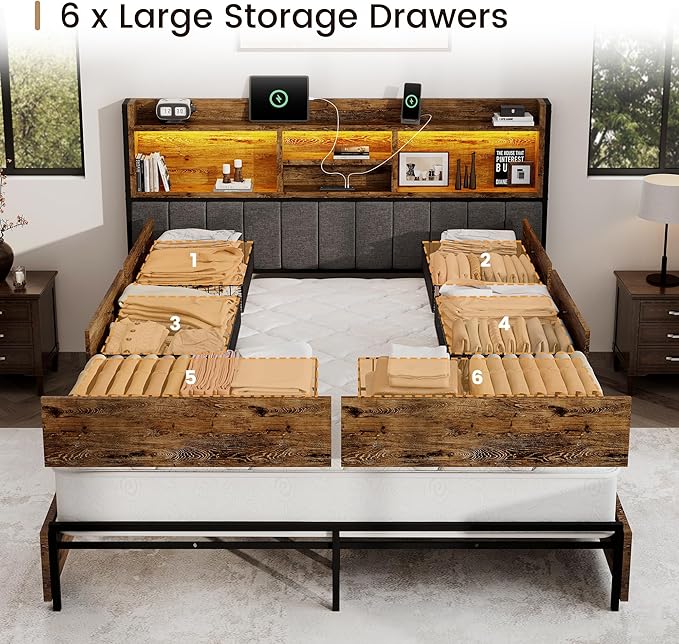 King Bed Frame with 6 Storage Drawers, Linen Upholstered Headboard, Built-in USB Charging Station & LED Lighting, Silent Metal Support, No Box Spring Needed, Vintage Brown