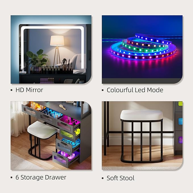 LED Makeup Vanity Desk with 20" Mirror and Light, Smart Dressing Table with 6 Drawers, 3 Shelves, 24 Color Lighting Modes, Cushioned Stool, USB Type-C Storage for Bedroom Dressing Room Gray