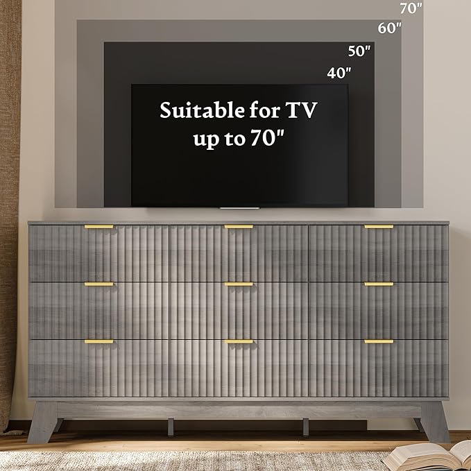 Fluted Dresser for Bedroom with 9 Drawers, 57" Mid Century Modern Dresser of Closet TV Stand, Nature Wood Dressers with Gold Handle, Boho Closet Wide Modern Chest of Drawers, Grey