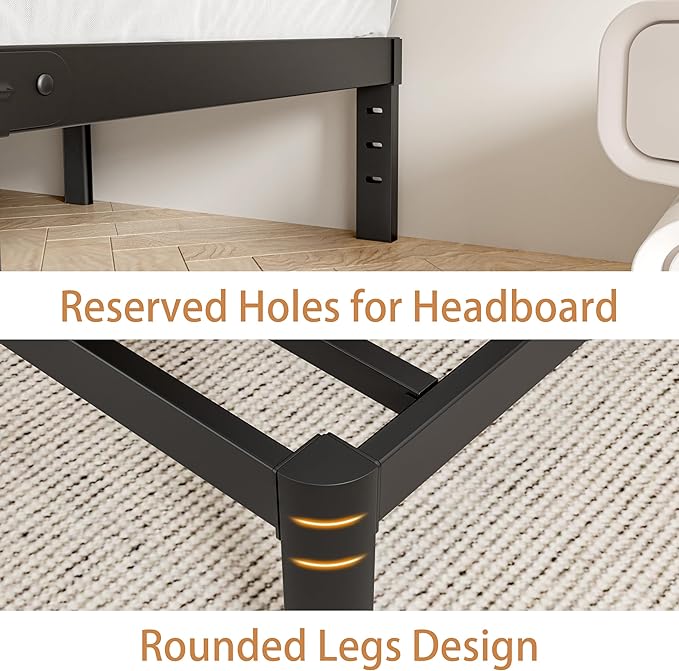 Black Bed Frame Queen Size 14 Inch, Metal Queen Bed Frame No Box Spring Needed, DIY Headboard Holes, Heavy Duty Steel Support 3500 LBS, Noiseless, Round Corner Leg, Storage Space, Easy Assembly