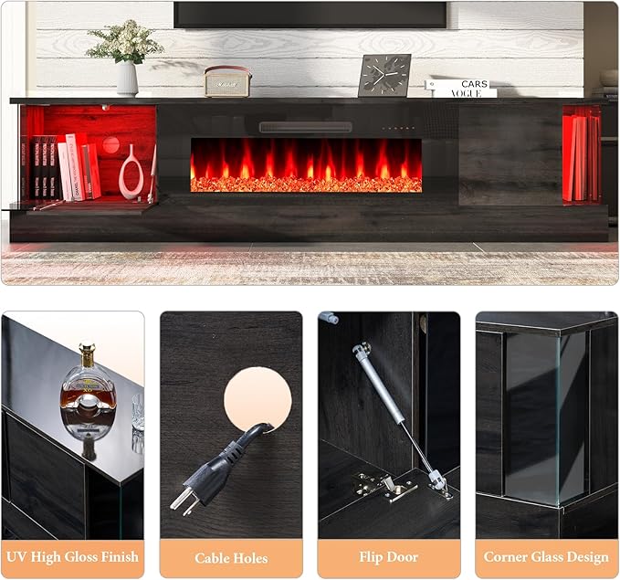 AMERLIFE Glossy Oak Fireplace TV Stand with 40" Fireplace, 80" LED Lights Entertainment Center with Flip Doors & Corner Glass Decor, Modern TV Console Table for TVs up to 90", Living Room, Black